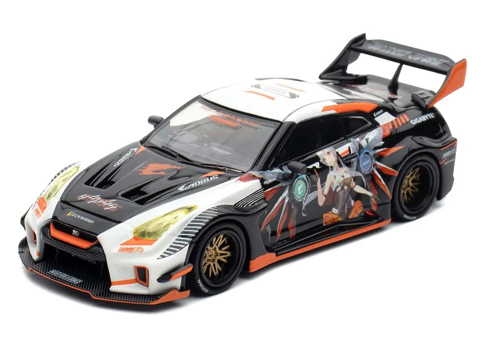 Nissan GT-R (R35) Widebody RHD (Right Hand Drive) Black and White with Graphics "AORUS X INNO64 Limited Edition" 1/64 Diecast Model Car by Inno Models
