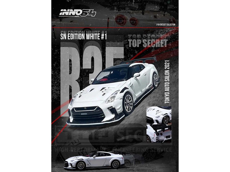 Nissan GT-R (R35) "Top Secret" RHD (Right Hand Drive) White with Black Top "Tokyo Auto Salon 2021" 1/64 Diecast Model Car by Inno Models