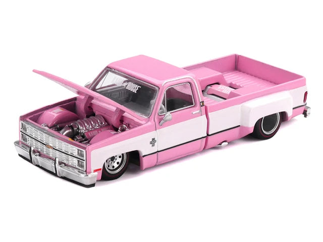 Chevrolet Silverado Dually Pickup Truck "Vintage Spec V2" Pink with White Sides (Designed by Jun Imai) "Kaido House" Special 1/64 Diecast Model Car by Mini GT