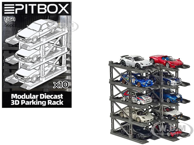 Modular Diecast 3D Parking Rack Display Stand Set of 10 Racks for 1/64 Scale Model Cars by Pitbox