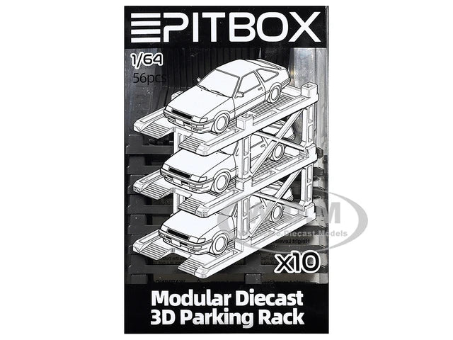 Modular Diecast 3D Parking Rack Display Stand Set of 10 Racks for 1/64 Scale Model Cars by Pitbox